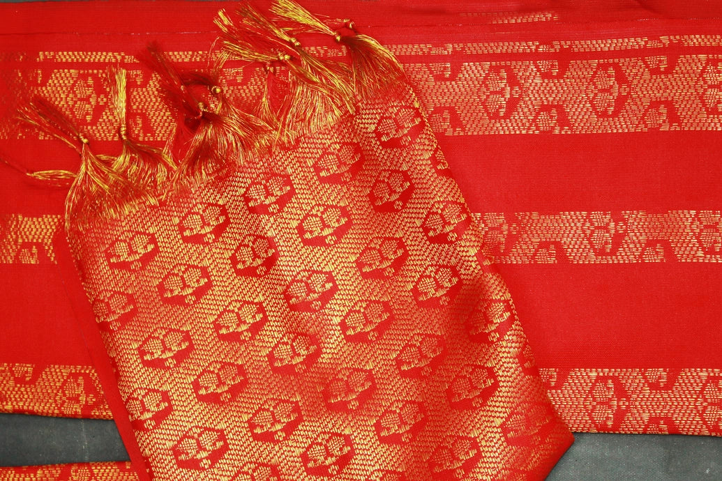 Red Ponnadai Poly Silk Jacquard Temple Shawl with Zari Pattern & Tassels | 2m Traditional South Indian Dupatta