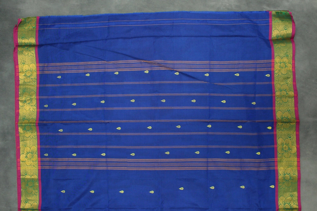 Royal Blue Poly Cotton Butta Saree with Gold Zari Floral Border, Striped Pallu - Traditional Indian Saree Saree JCS Fashions