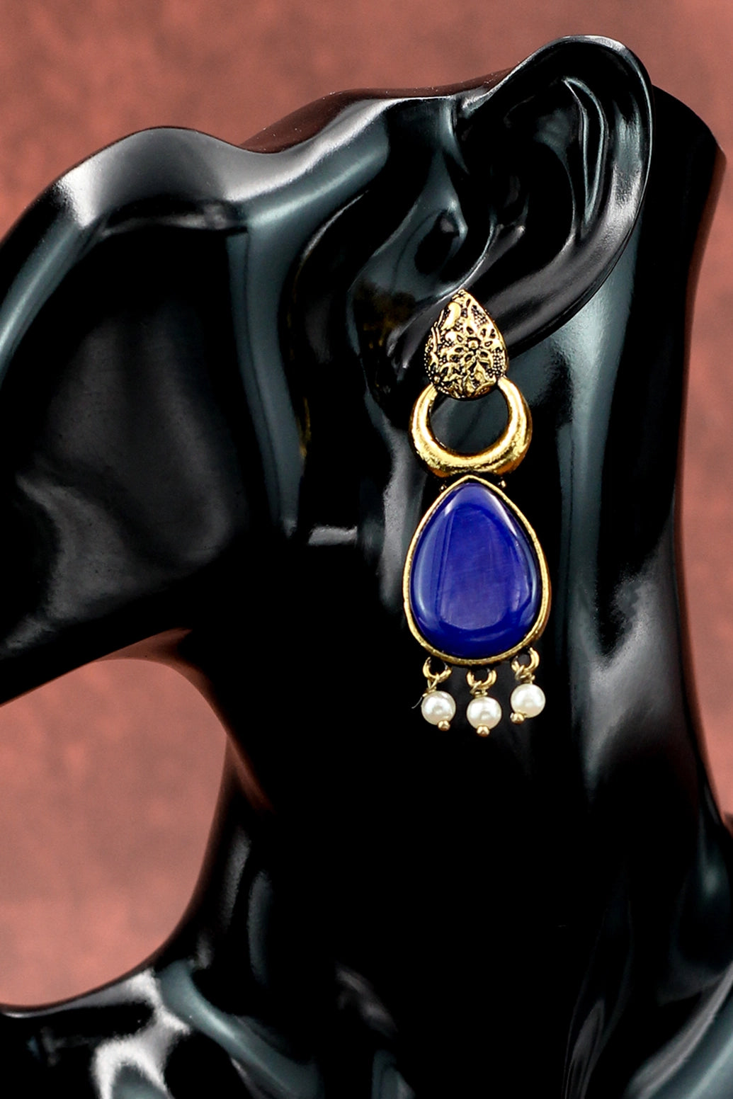 Gold-Tone Blue Teardrop Ethnic Earrings with Pearl Drops – Traditional Fashion Jewellery Jewelry JCS Fashions
