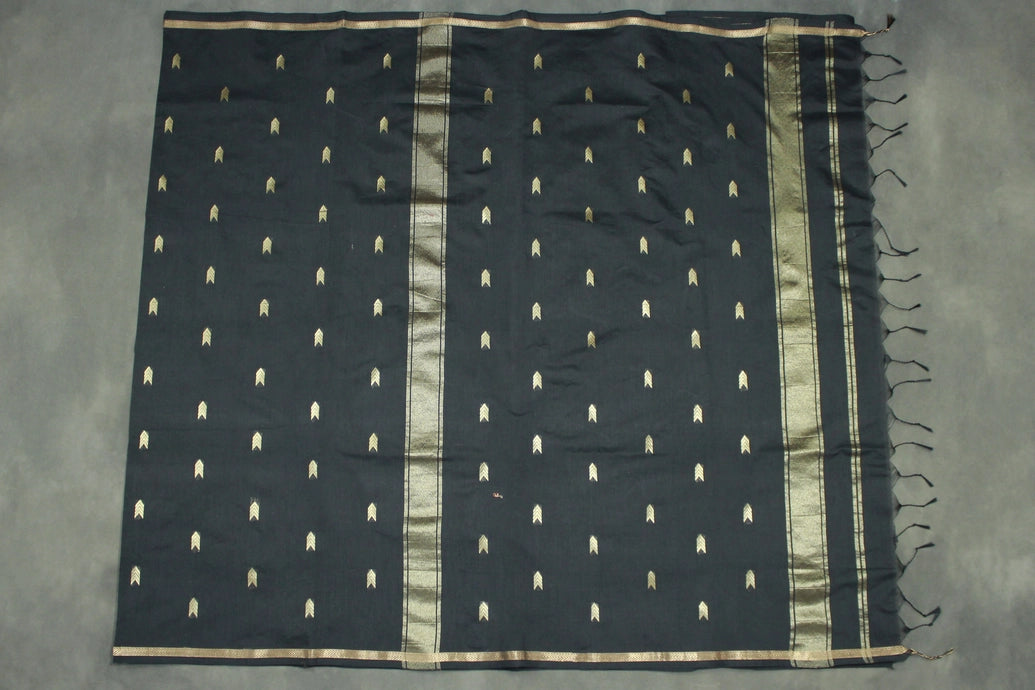 Black Maheswari Silk Cotton Saree with Butta & Zari Border and Blouse Piece