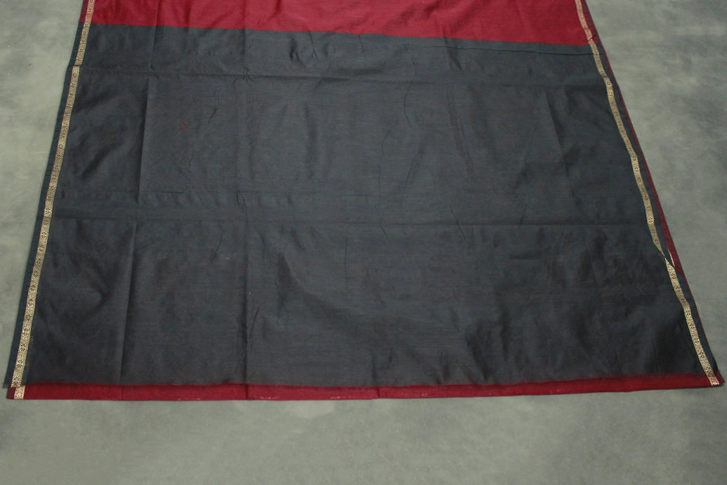 Maroon Maheswari Silk Cotton Saree with Small Butta and Zari Border, Blouse Piece Included