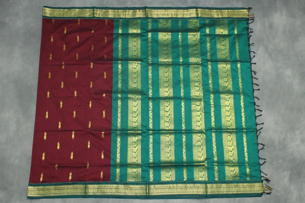 Maroon and Green Silk Cotton Saree with Thick Zari Border and Grand Pallu Saree JCS Fashions