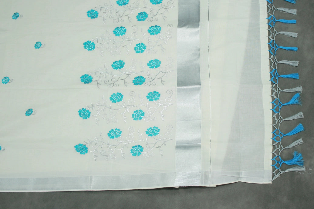Half White Kerala Cotton Saree with Silver Zari Floral Embroidery and Thread Work