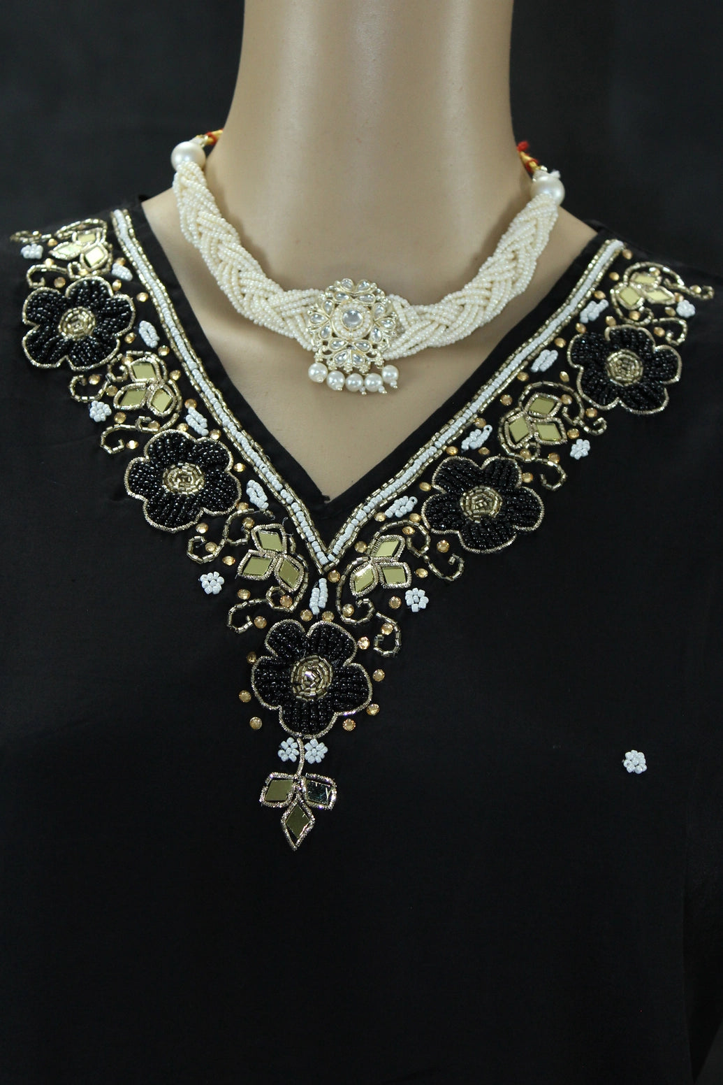 Black Silk 3-Piece Pakistani Salwar Suit with Embroidered V-Neck and Organza Dupatta