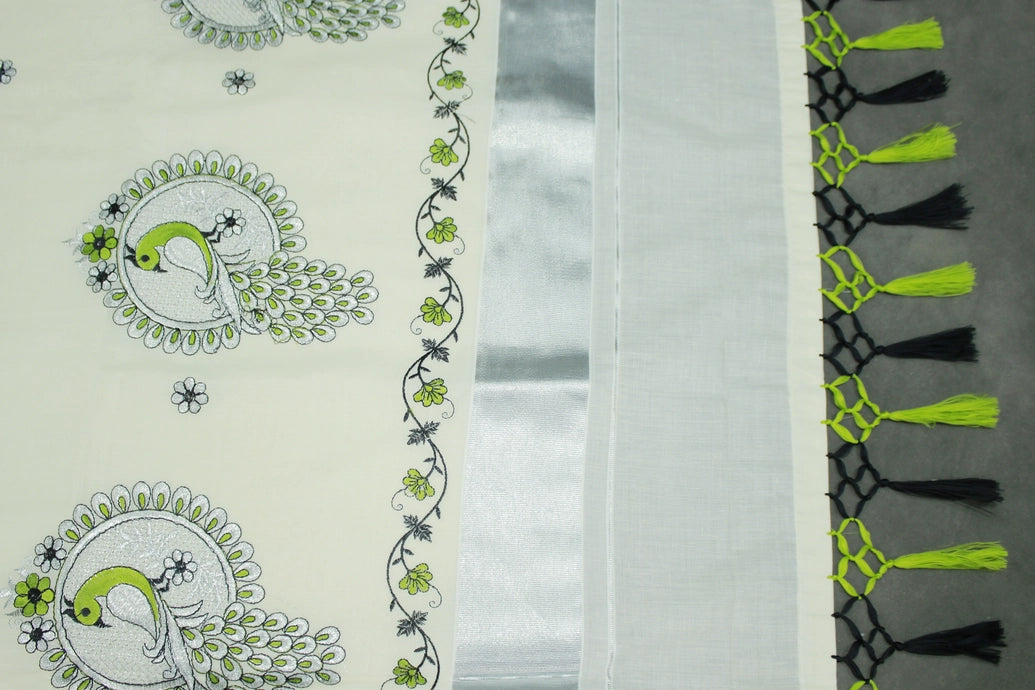 Half White Kerala Cotton Saree with Peacock Embroidery Silver Zari Thread Work