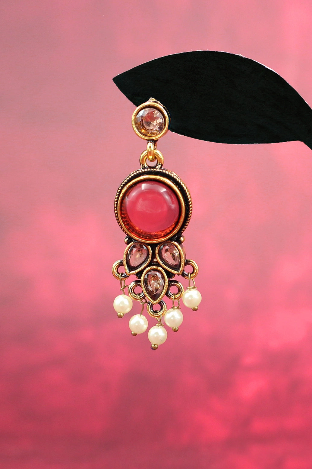 Maroon Gold-Tone Pearl Drop Chandbali Style Earrings - Traditional Indian Fashion Jewellery Jewelry JCS Fashions