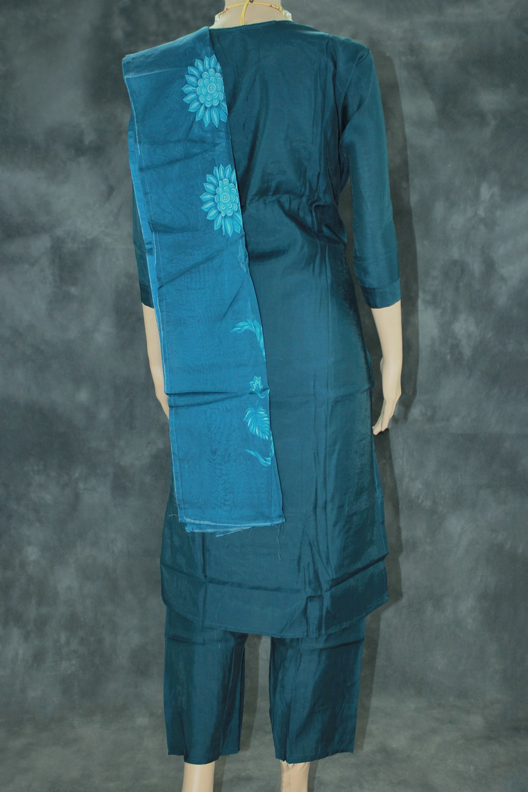 Navy Blue Silk 3-Piece Pakistani Salwar Set with Embroidered V-Neck Kurti, Elastic Pants & Organza Dupatta