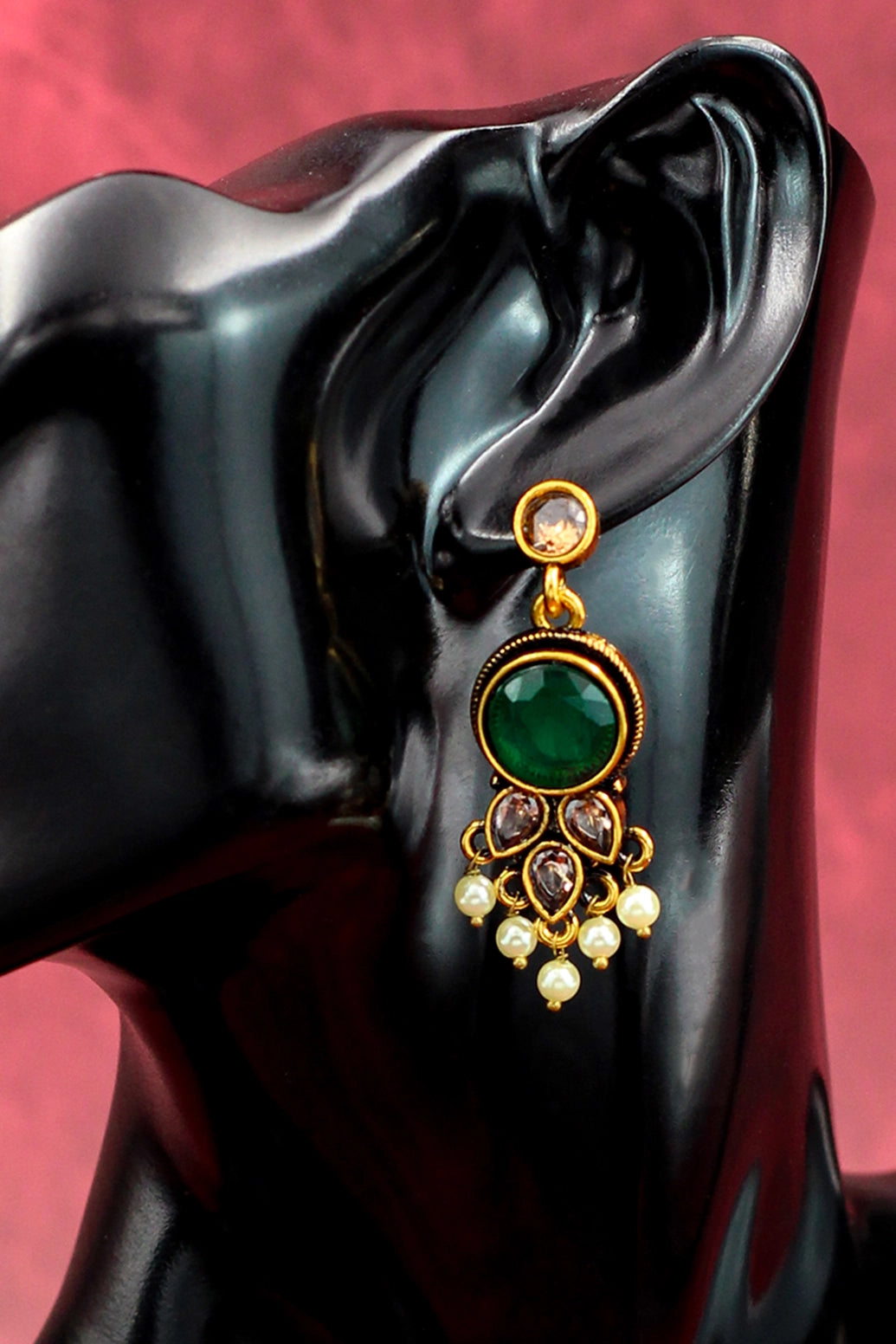 Green Antique Gold-Tone Pearl Drop Earrings with Floral Motif and White Bead Danglers – Traditional Indian Fashion Jewellery Jewelry JCS Fashions