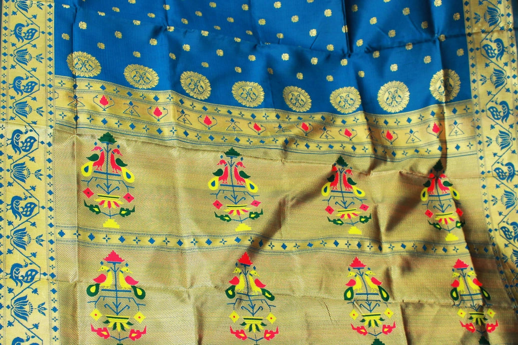 Peacock Blue Paithani Pure Silk Saree with Zari Woven Peacock Pallu and Design Border