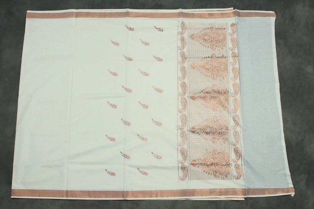 Pure Kerala Cotton Saree with Copper Zari Peacock & Leaf Embroidery, White Body with Traditional Border