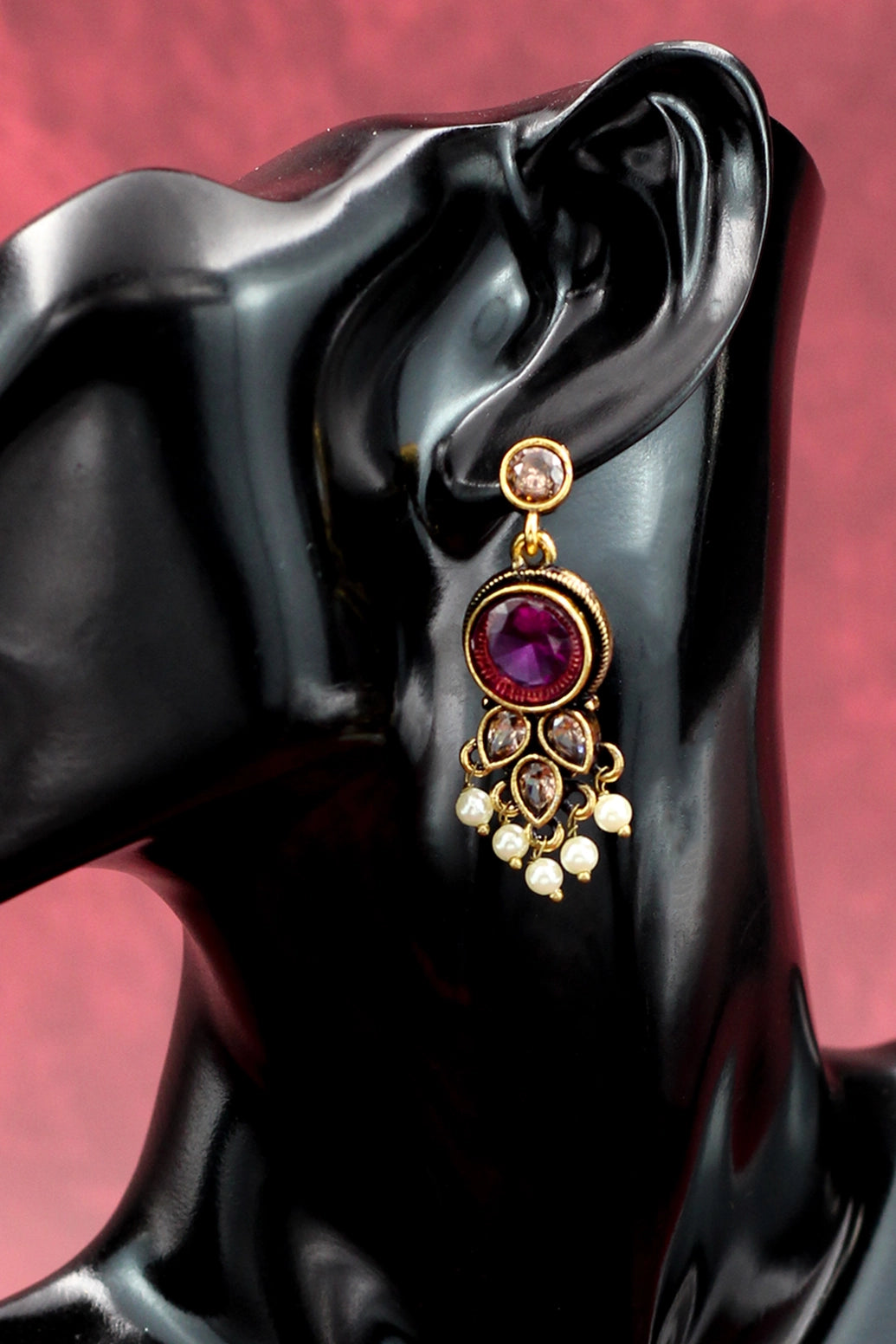 Purple Stone Pearl Drop Earrings - Gold-Tone Antique Finish Ethnic Fashion Jewellery Jewelry JCS Fashions