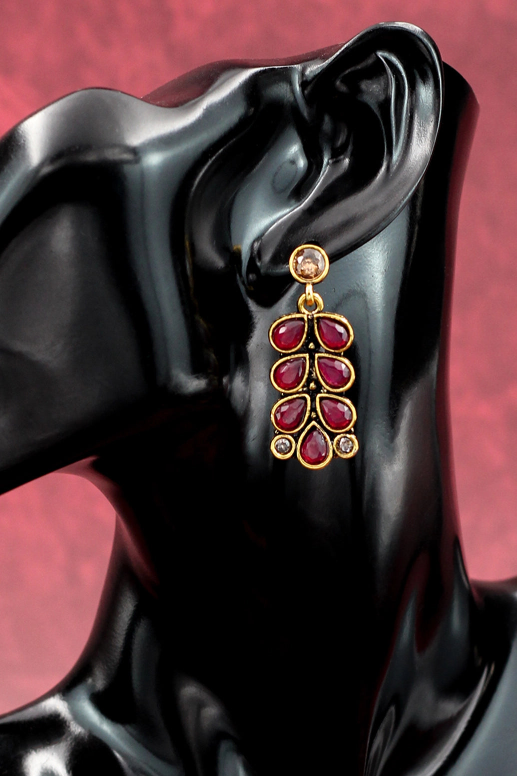 Maroon Teardrop Leaf Drop Earrings – Gold-Tone Antique Finish Fashion Jewellery for Ethnic Wear Jewelry JCS Fashions
