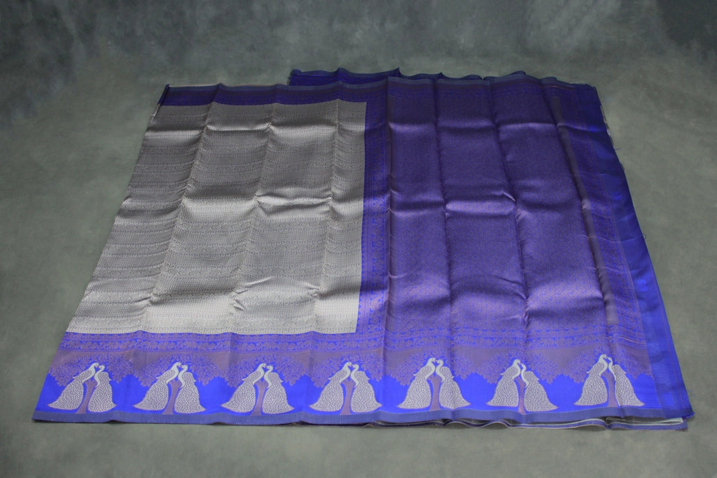 Kubera Pattu Saree with Peacock Border and Blouse, Light Grey Semi Silk