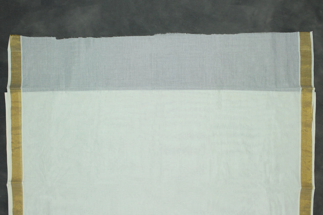 White Kerala Cotton Saree with Gold Zari and Green Peacock Thread Embroidery, Lightweight Traditional Pallu, Includes Blouse Piece