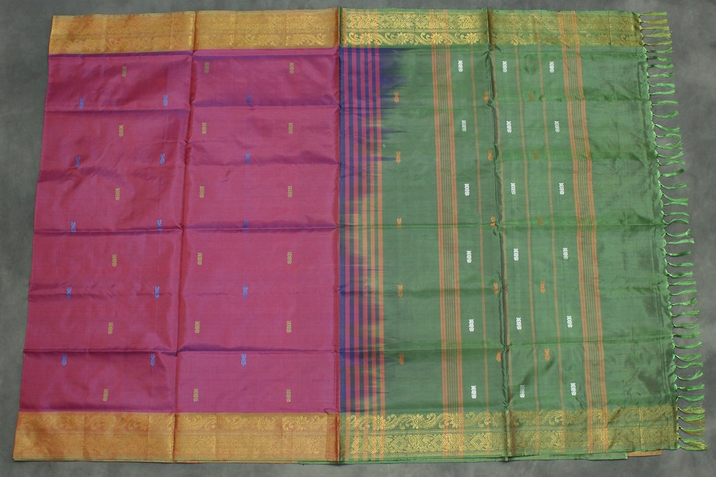 Banana Pith Vaazhai Naar Saree with Zari Border - Dark Pink & Olive Green