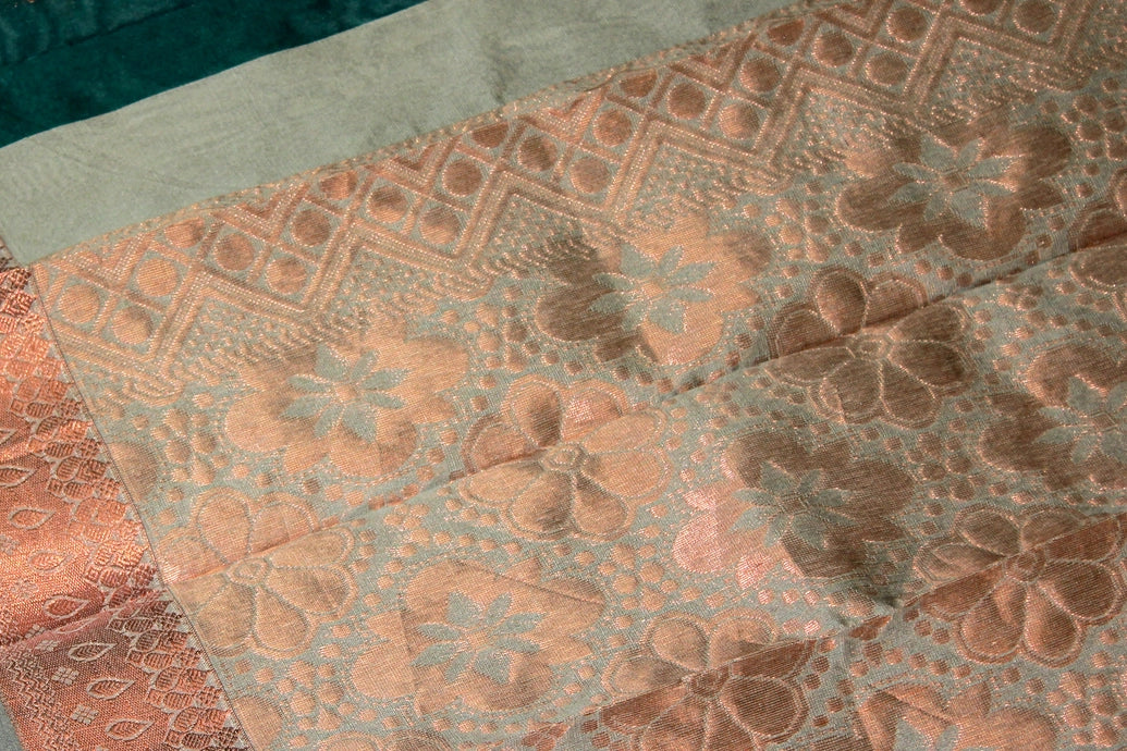 Dark Green Silk Cotton Saree with Zari Floral Border and Blouse Piece | Traditional Ethnic Wear