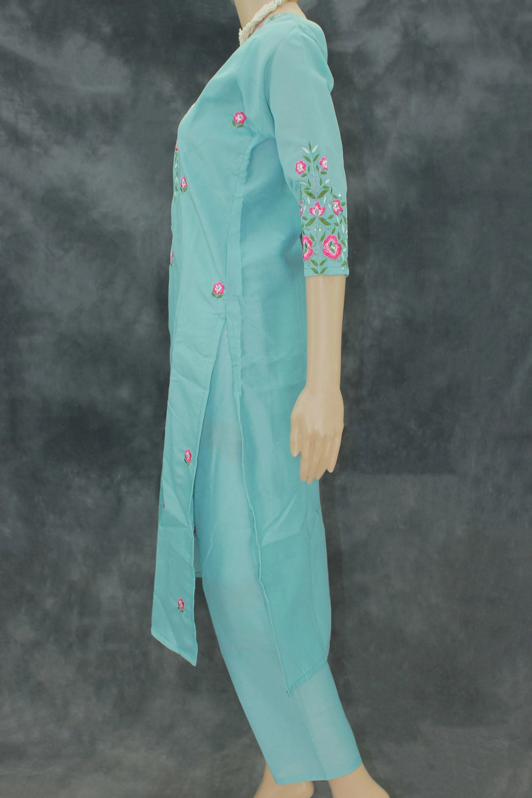 Pastel Blue Roman Silk 3-Piece Kurti Set with V Neck, Elastic Pant & Organza Zari Dupatta