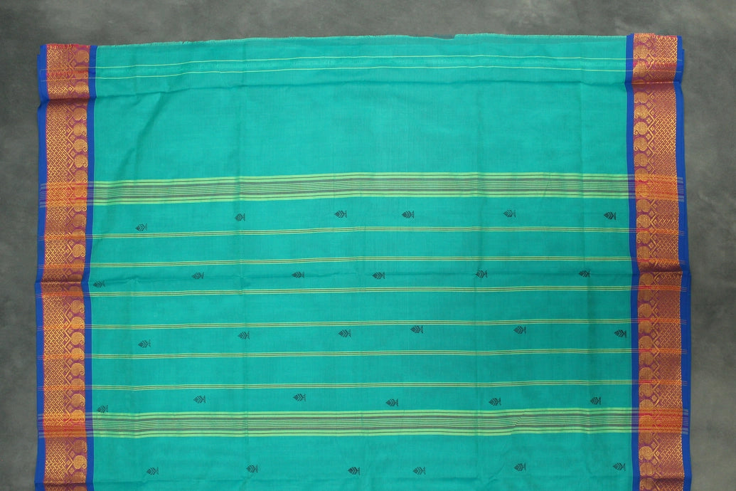 Teal Green Poly Cotton Saree with Gold-Tone Zari Border, Butta Motifs and Line Pallu - Traditional Indian Saree Saree JCS Fashions