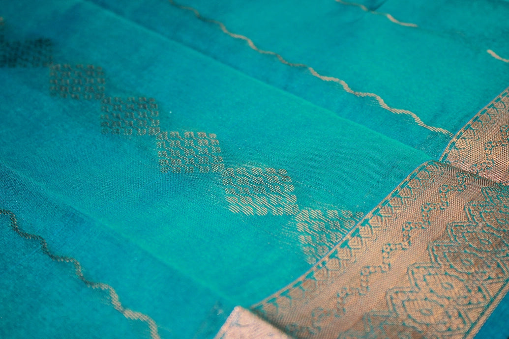 Teal Green Silk Cotton Saree with Beautiful Zari Border and Blouse Piece