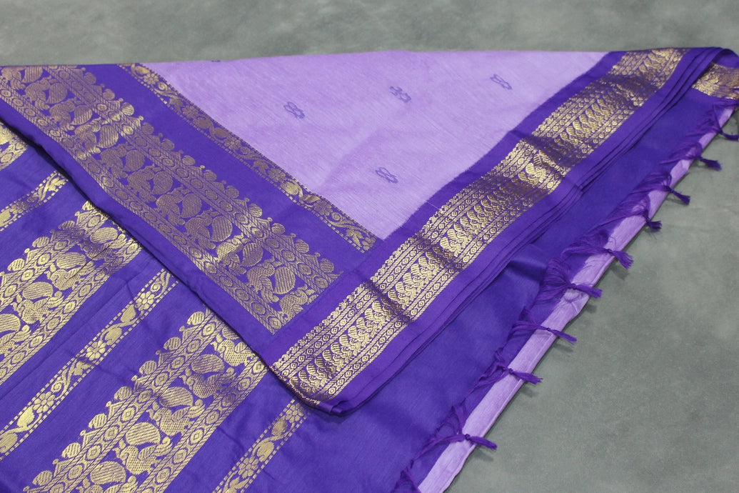 Lavender Kalyani Cotton Saree with Gold-Tone Zari Border, Putta Motifs and Tassel Pallu Saree JCS Fashions