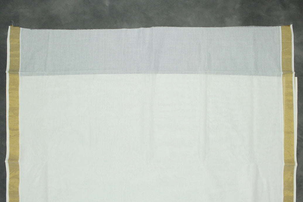 Pure Kerala Cotton White Saree with Gold Zari Peacock Embroidery and Blouse Piece