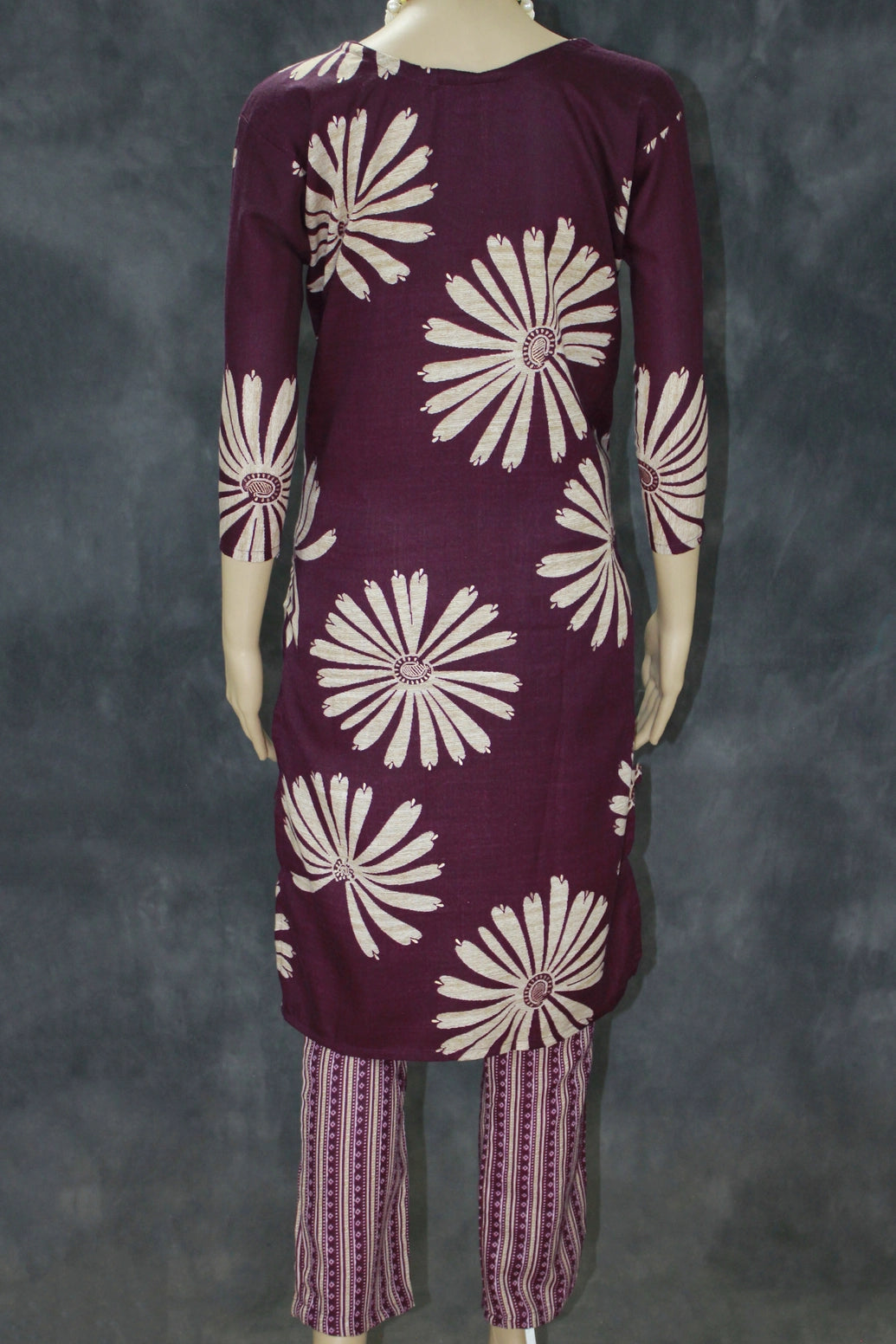 Dark Purple Floral Printed Kurta Set with Striped Elastic Pants - 2 Piece Rayon-Cotton Kurti Pajama for Casual Ethnic Wear