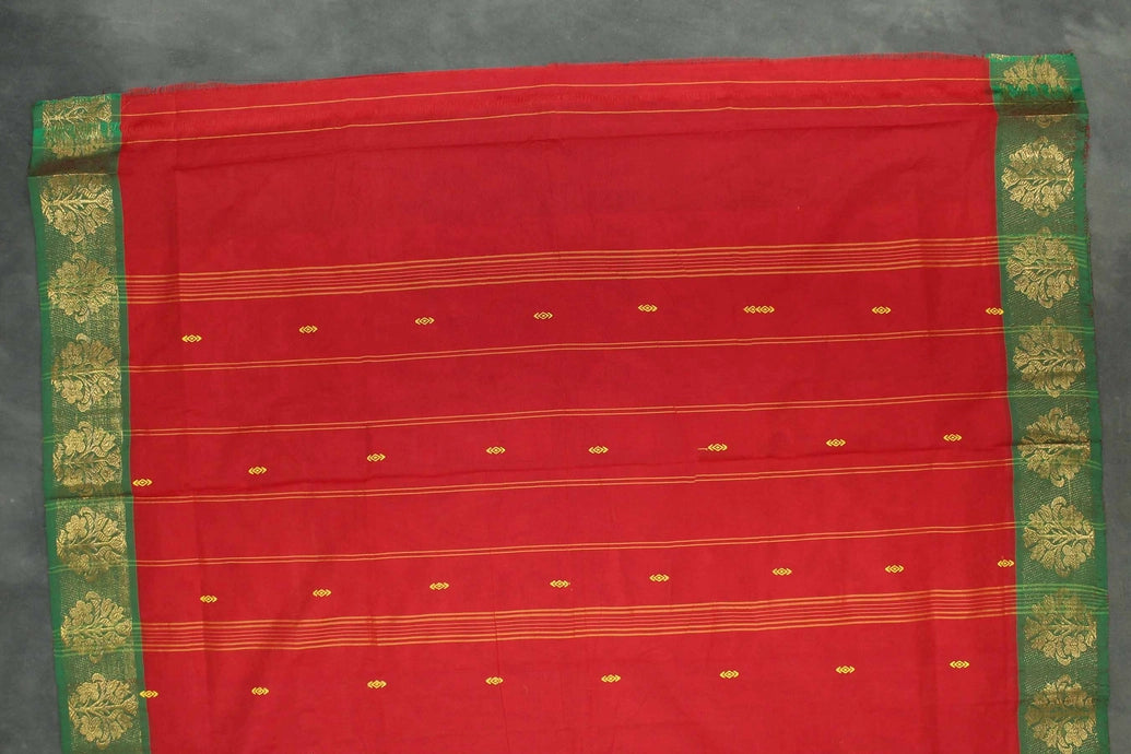 Red Poly Cotton Saree with Green Zari Floral Border and Gold Butta Motifs Saree JCS Fashions