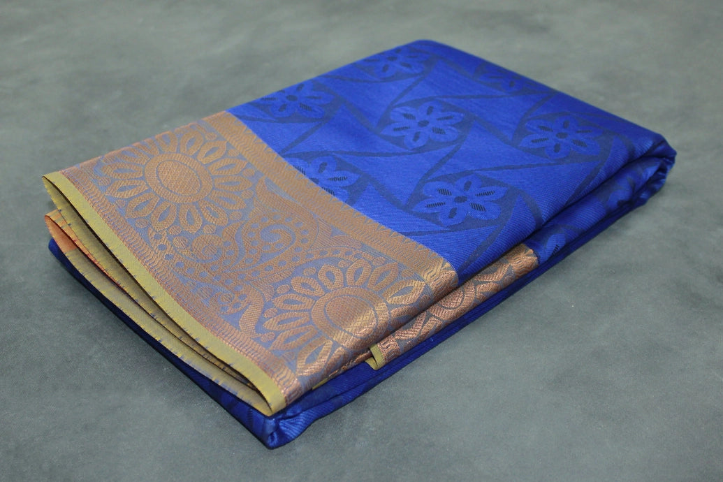 Blue Emboss Silk Saree with Contrast Border and Semi Silk Zari Style Design