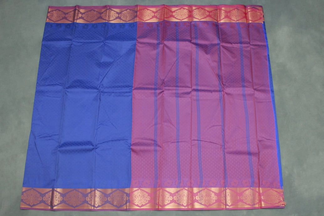 Navy Blue Emboss Silk Saree with Semi Silk Border and Floral Geometric Design