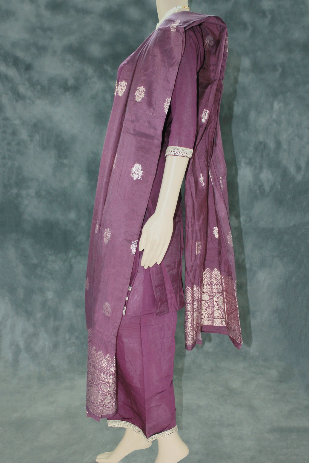 Roman silk 3 piece set,Top and Palazzo Pant with Elastic, Beautiful embroidery and beads Handwork neck design kurti , Comes with Banarasi Du