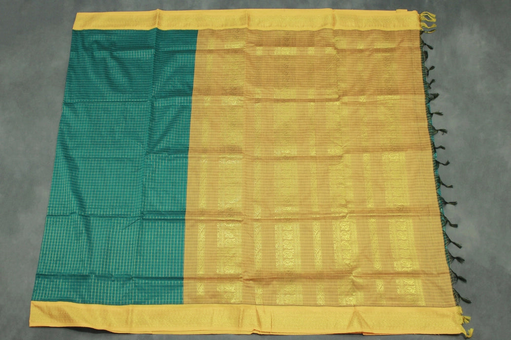 Green Kalyani Cotton Saree with Zari Checked & Peacock Border, Comes with Blouse