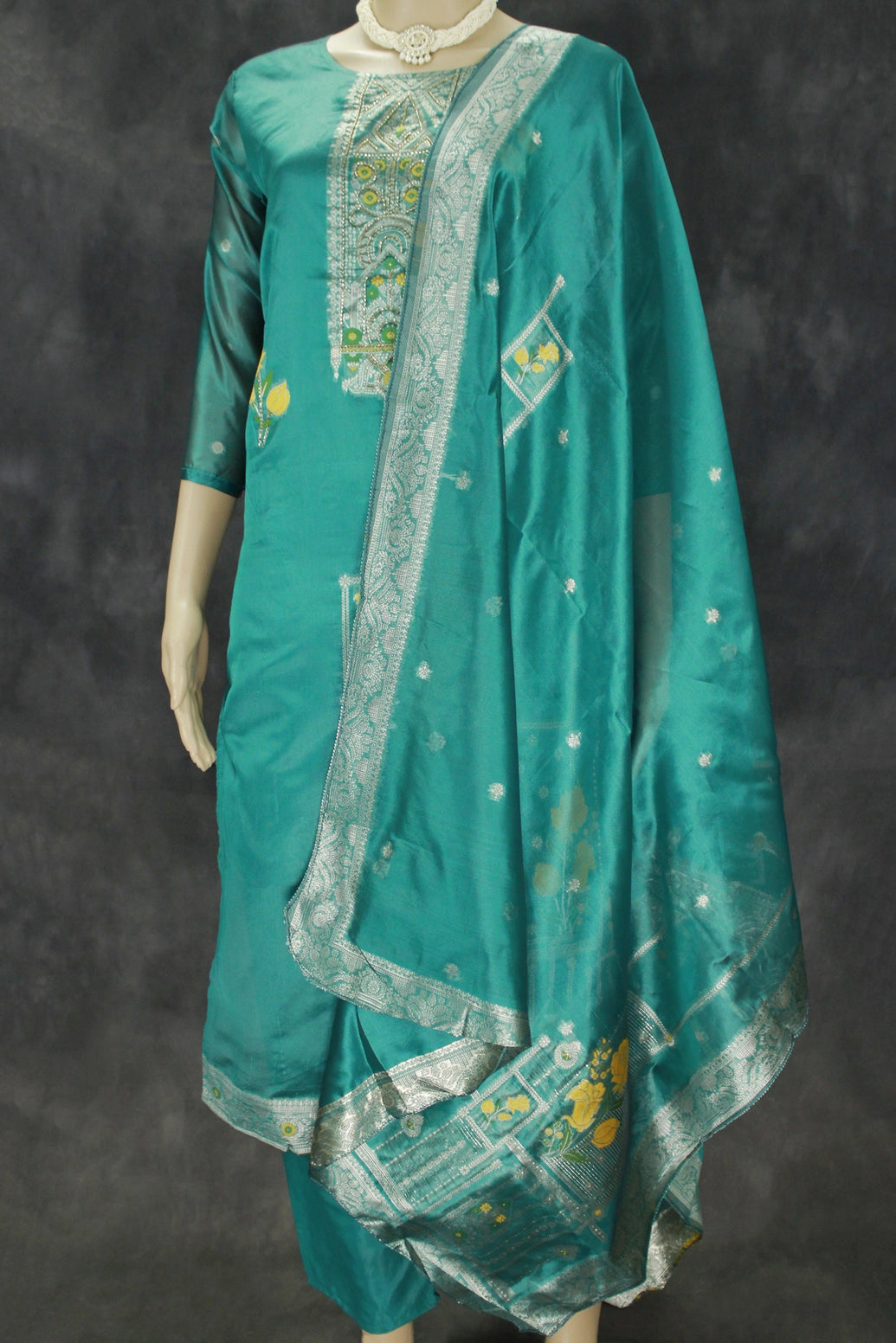 Teal Blue Jacquard Kurti Set with Bead Handwork — 3-Piece Pakistani Style Top, Elastic Pants and Jacquard Dupatta