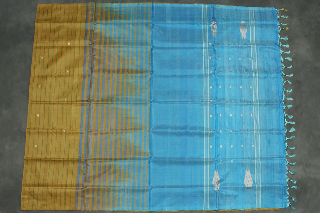 Sea Blue Vaazhai Naar (Banana Pith) Borderless Saree with Small Butta - from Aruppukottai