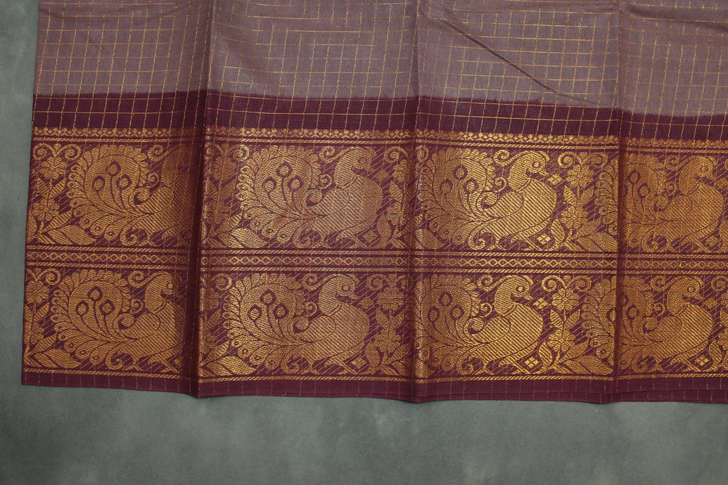 Chocolate Brown Sungudi Cotton Saree with Checked Body and Rich Peacock Gold Zari Double Border - Traditional Festive Wear