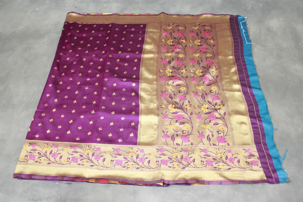 Purple Paithani Silk Saree with Floral Buti Pallu and Design Border, Includes Blouse