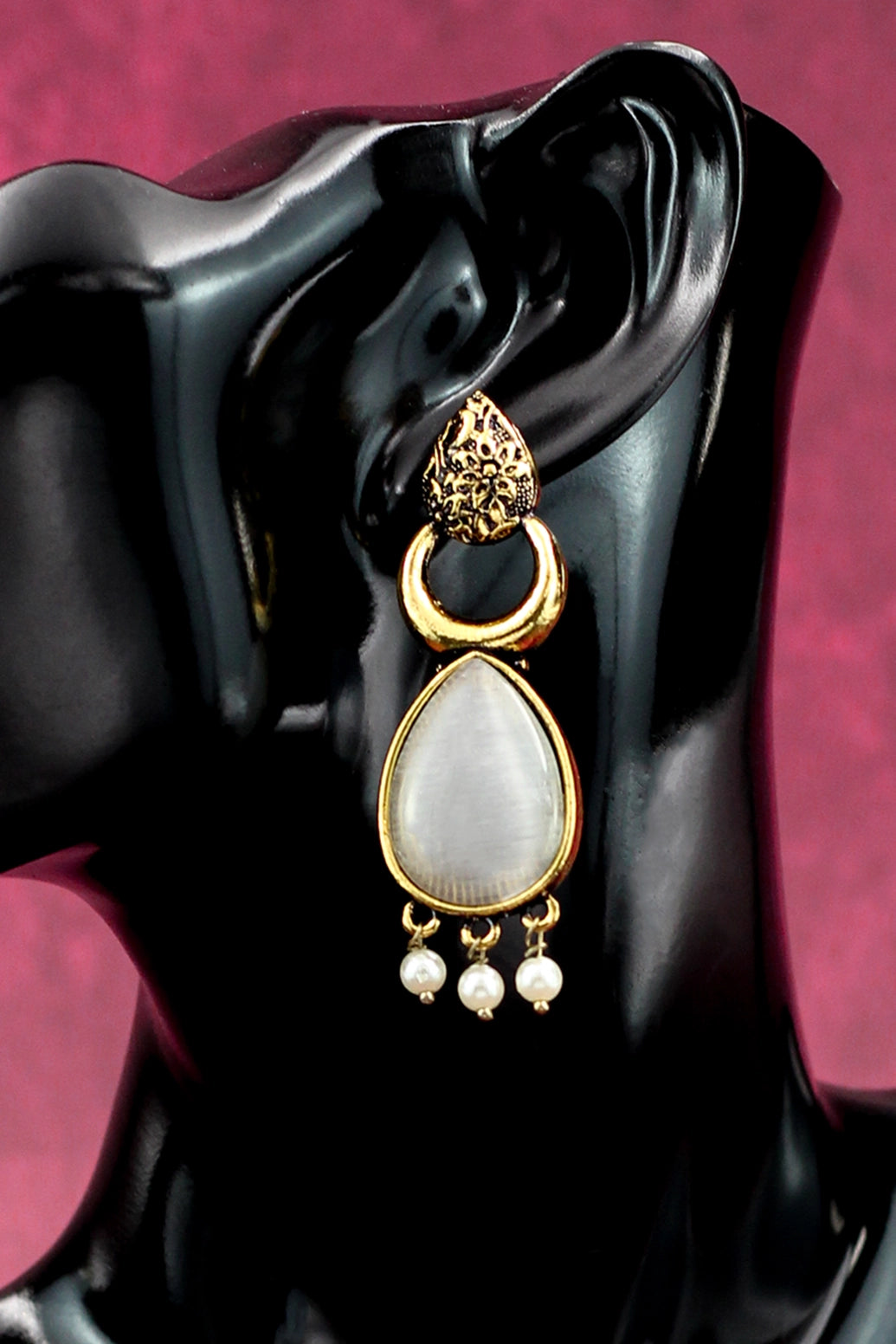 Traditional Gold-Tone Grey Teardrop Ethnic Dangle Earrings with Three Pearl Drops - Fashion Jewellery Jewelry JCS Fashions