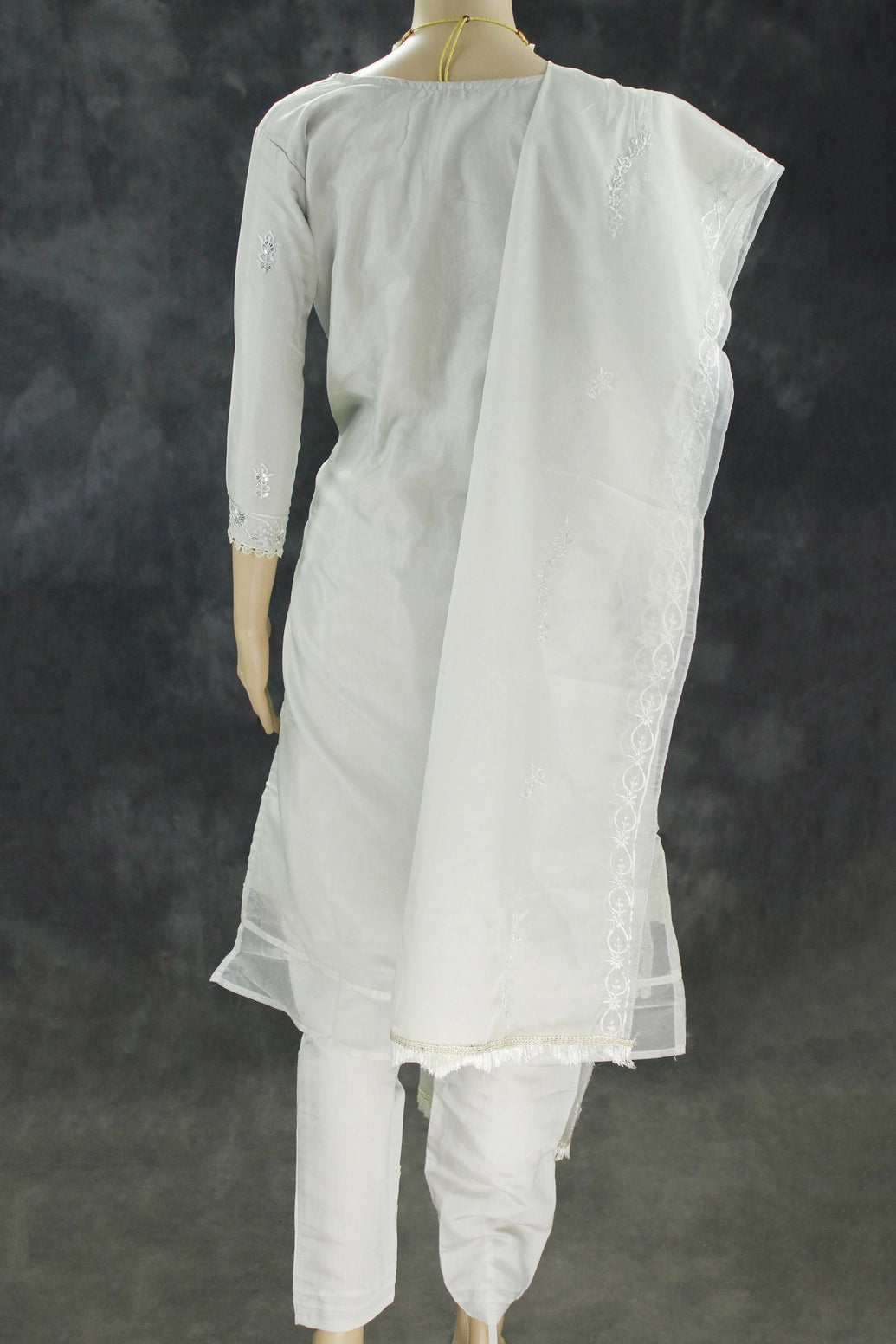 Light Gray Roman Silk 3-Piece Kurta Set with Organza Work Dupatta and Elastic Pant