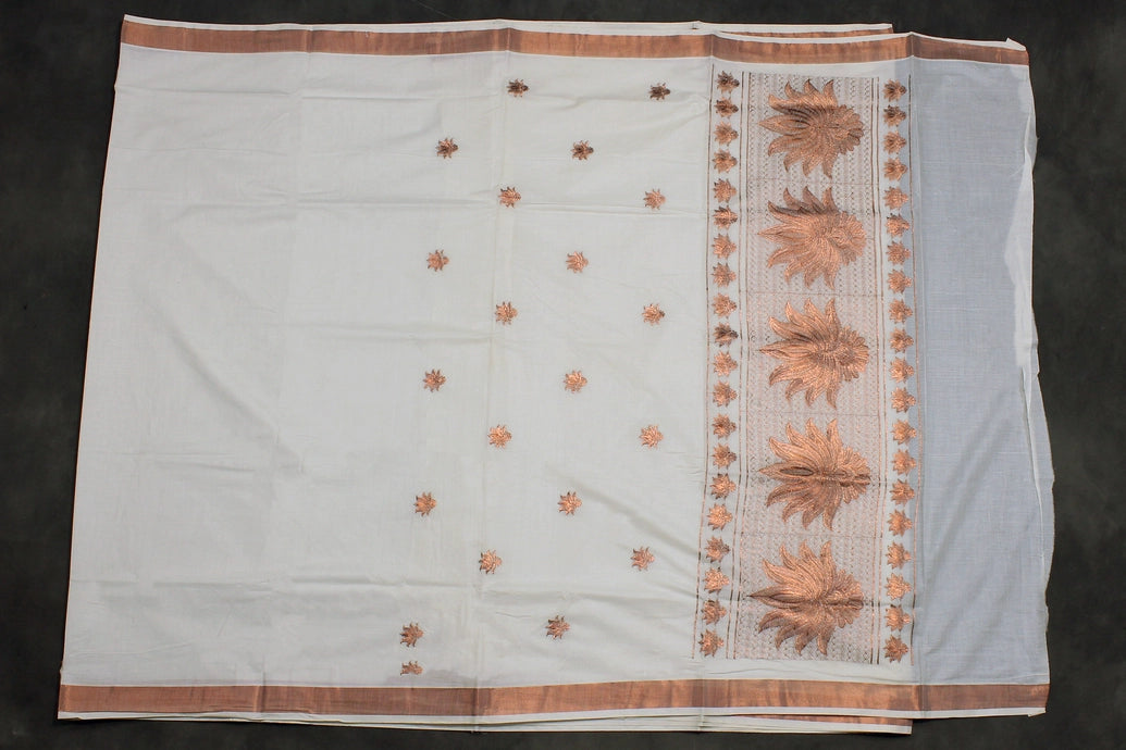 Pure Kerala Cotton Saree with Copper Zari Peacock & Leaf Embroidery, White