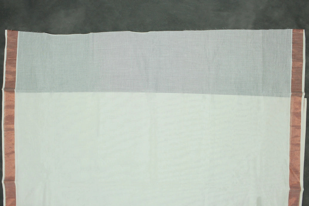 Pure Kerala Cotton White Saree with Copper Zari Border, Peacock Floral Embroidery and Blouse Piece