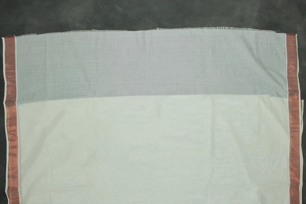 Pure Kerala Cotton White Saree with Copper Zari Floral & Peacock Embroidery