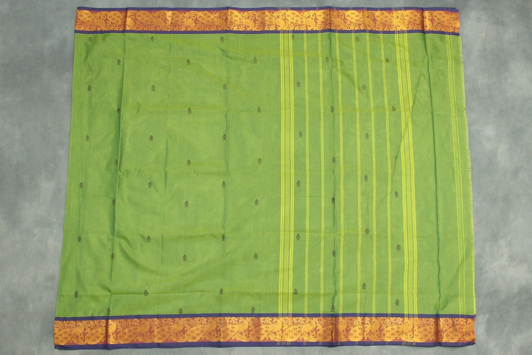 Green Poly-Cotton Butta Saree with Zari Peacock Border and Line Pallu Saree JCS Fashions