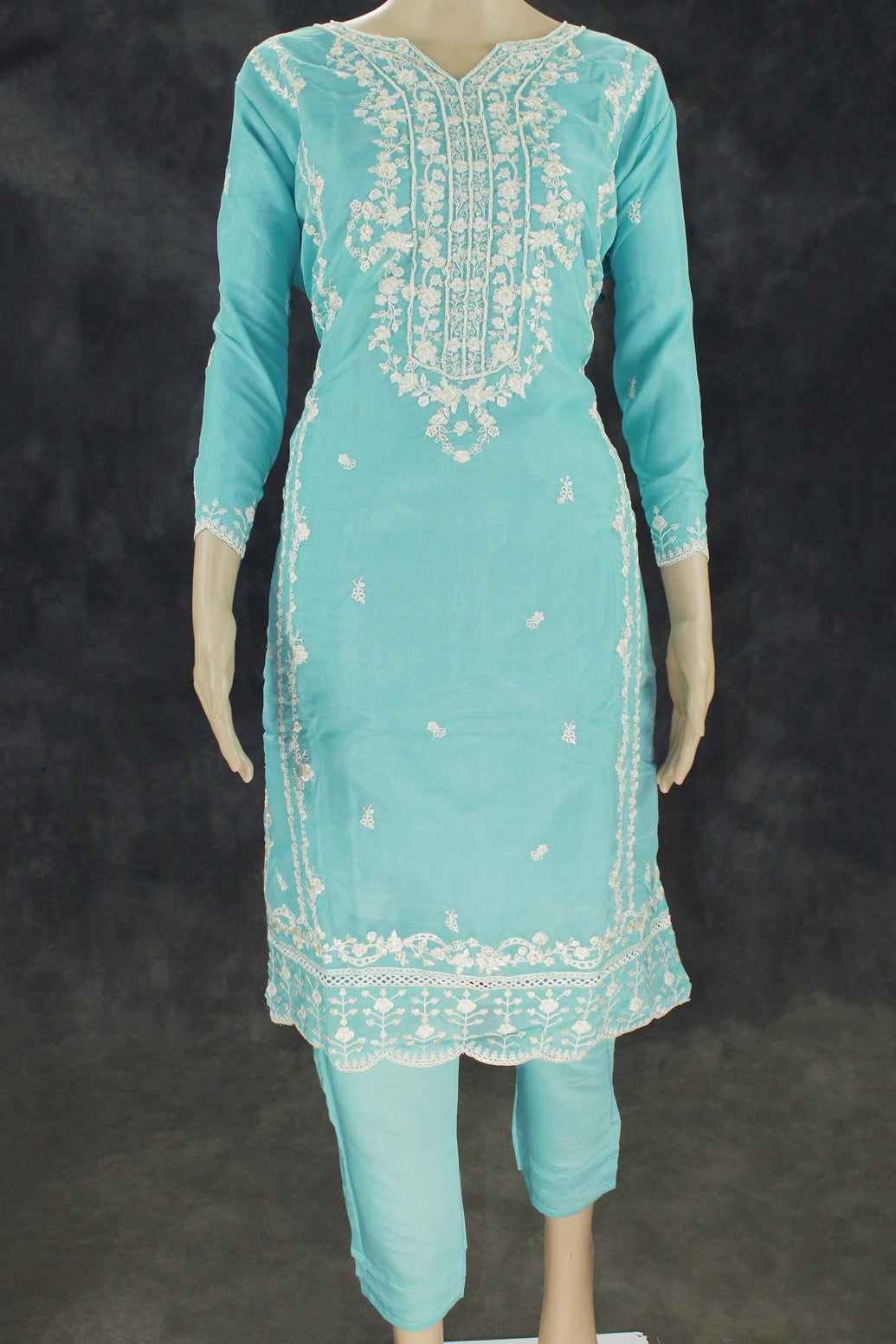 Light Blue Organza Kurti & Dupatta Salwar Set with Khatli Work and Beads-Sequin Embroidery
