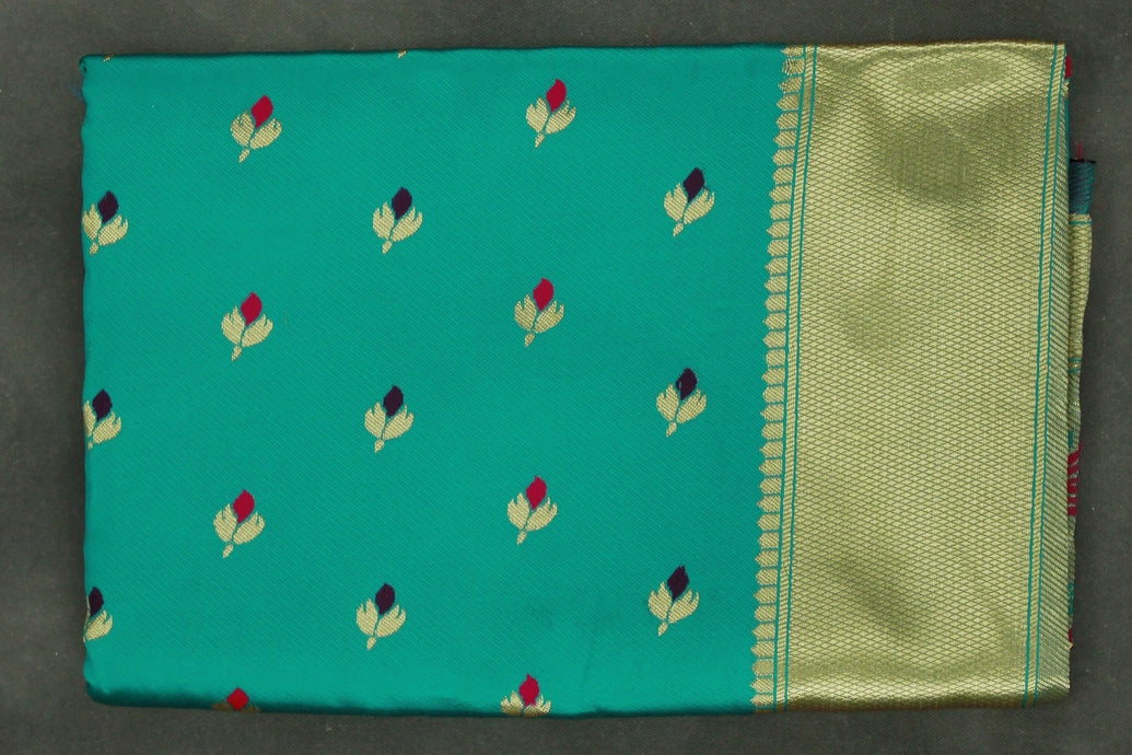 Green Paithani Silk Saree with Floral Pallu Design and Border, Small Butti All-Over, Comes with Blouse