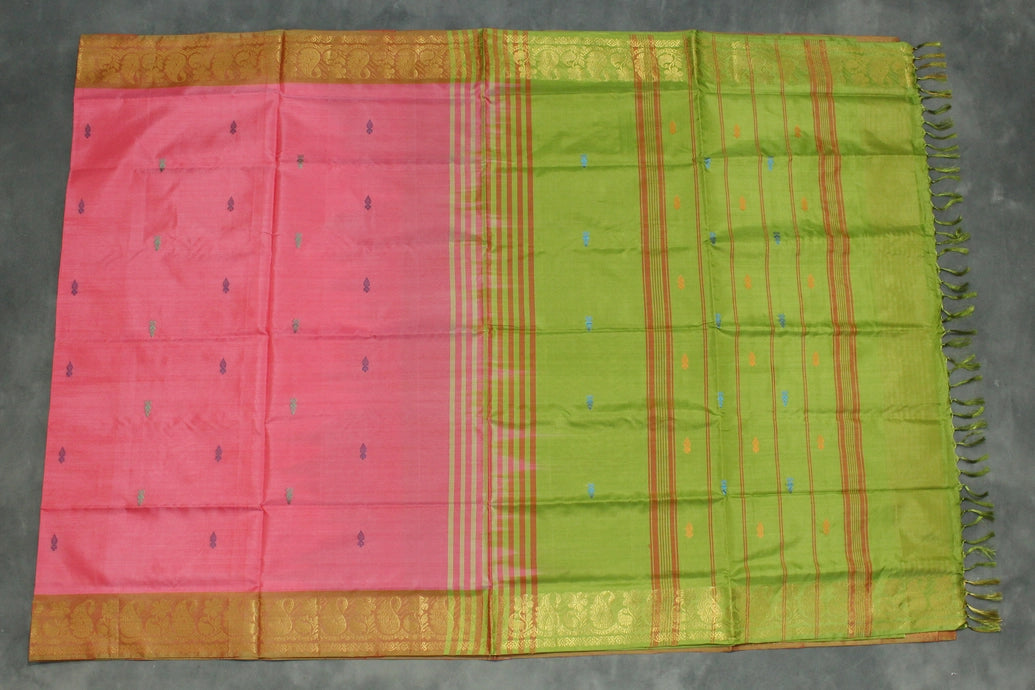 Vaazhai Naar (Banana Pith) Saree with Zari Border and Full-Body Buttas - Pink