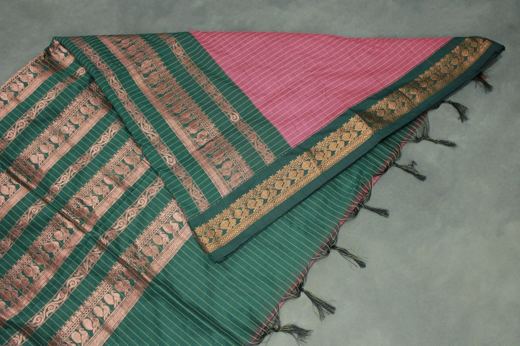 Onion Pink Cotton Kalyani Saree with Zari Checked Border and Zari Peacock Border, Blouse Included