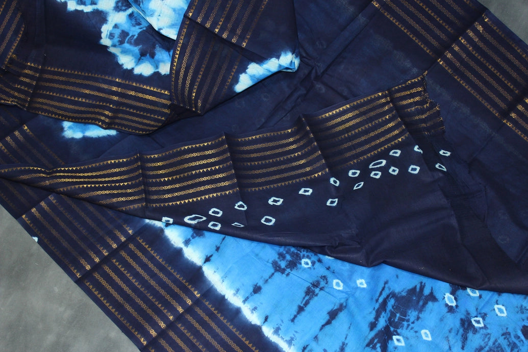 Sungudi Cotton Bandhani Saree in Blue with Golden Zari Striped Border
