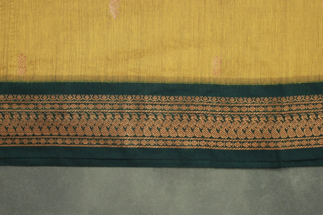 Mustard Kalyani Cotton Saree with Putta Design and Zari Border, Comes with Blouse