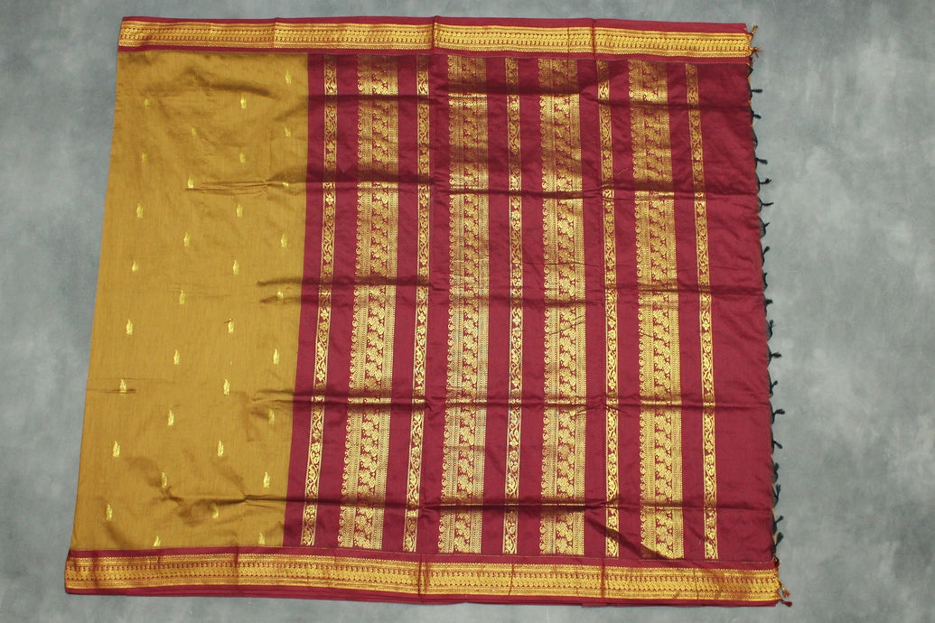 Silk Cotton Brown Saree with Maroon Grand Pallu and Thick Zari Border