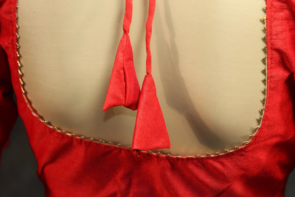Red Raw Silk Padded Designer Blouse - Readymade Elbow Sleeve with Back Knot Blouse JCS Fashions