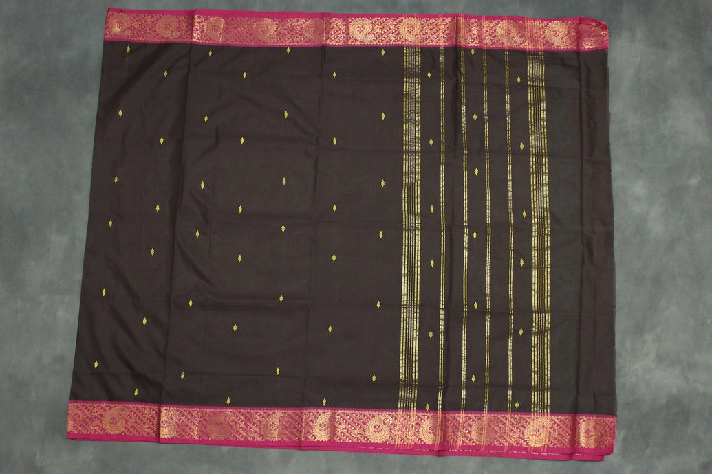 Dark Brown Poly Cotton Saree with Gold Zari Border and Butta Motifs Saree JCS Fashions